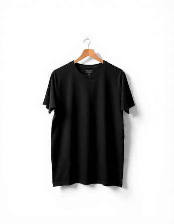 Black t-shirt hanging on a hanger isolated on white backgroundの写真素材