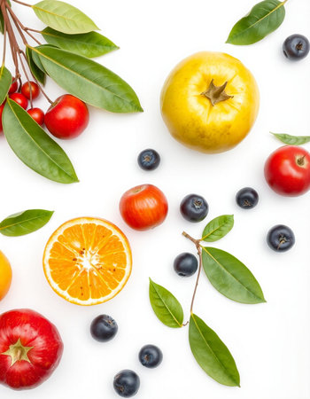 Fruits and berries on white background. Flat lay, top viewの写真素材