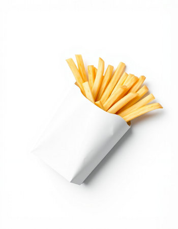 French fries in a white box isolated on white background. Top view.