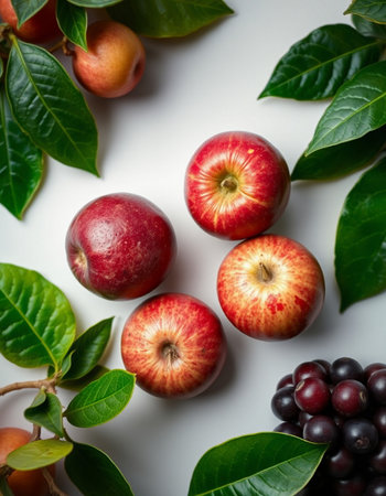 Apples and peaches on a white background. Healthy food.の写真素材
