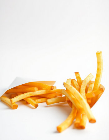 Golden French fries on a white background, fast food, unhealthy food