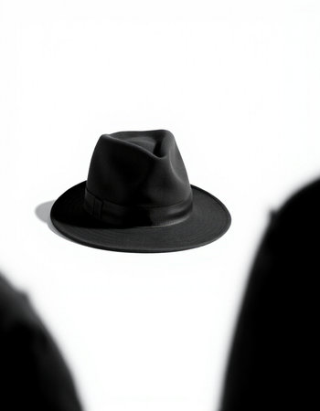 Black hat on a white background. Black and white photo with shadow.の写真素材