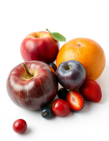 Fruits isolated on white background. Red apples, oranges, cranberries, plums and strawberriesの写真素材