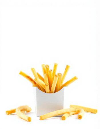 French fries in a white box on a white background. Selective focus.