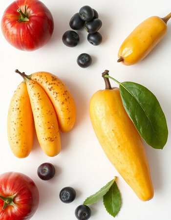Fruits and vegetables on a white background. Flat lay, top view