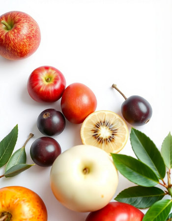 Fresh fruits with leaves on white background. Flat lay, top view