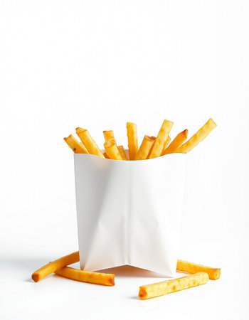 French fries in paper box on white background. Fast food concept.の写真素材