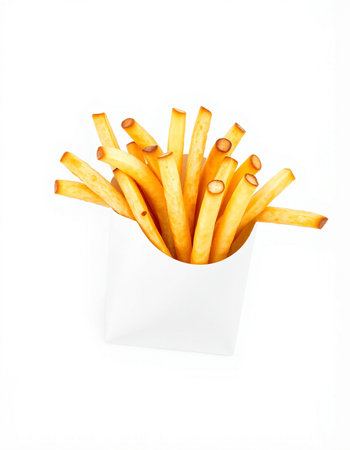 French fries in paper box isolated on white background. Top view.