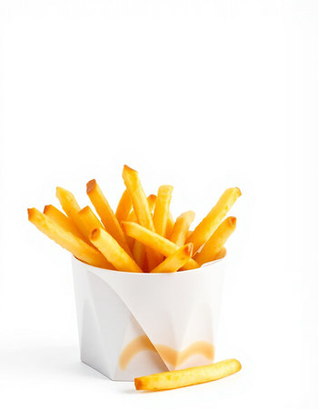 French fries in a paper cup on a white background. Isolated