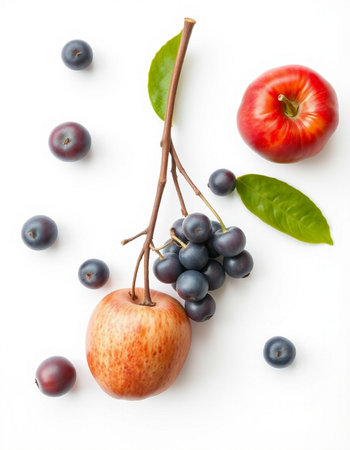 Fruits isolated on white background. Ripe red apple, blueberries and black grapesの写真素材