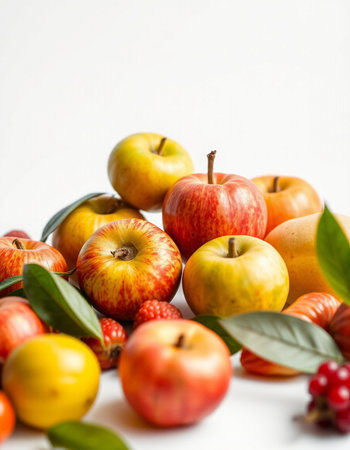 Autumn fruits. Apples, apples, cranberries and cherries on a white background.の写真素材
