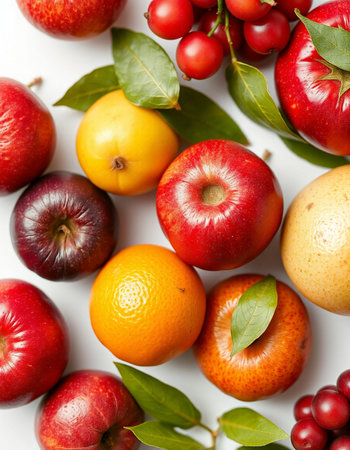 Fruits and berries on a white background. View from above.の写真素材