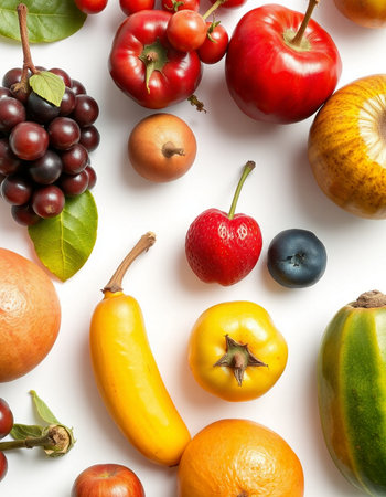 Fruits and vegetables on white background, top view. Healthy foodの写真素材