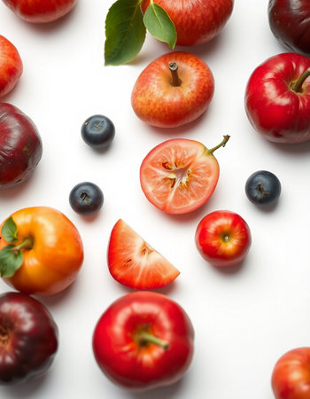 Fresh fruits on a white background, top view, close-upの写真素材