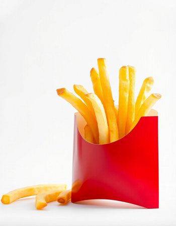 French fries in a red box on a white background, close-up