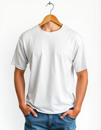 Men's blank white t-shirt on hanger on white background