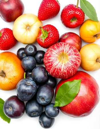 Fruits and berries isolated on a white background. Top view.