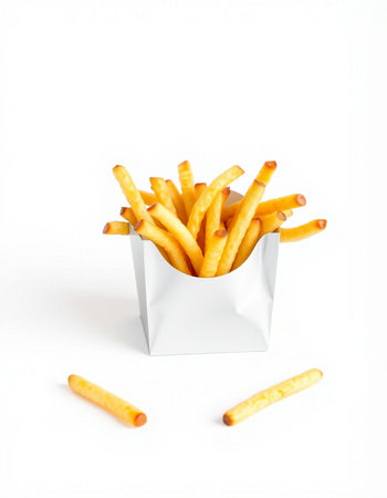 French fries in a paper box on a white background. Fast food.