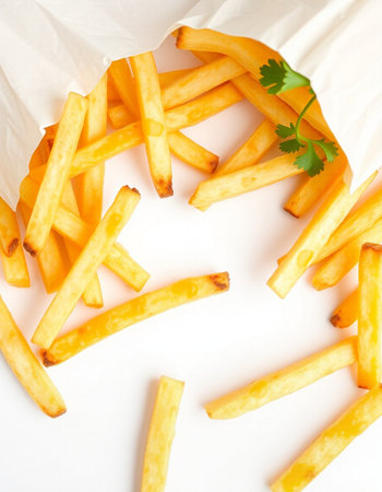 French fries with parsley on white background. Selective focus.