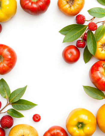 Fruits and vegetables on white background. Flat lay, top viewの写真素材