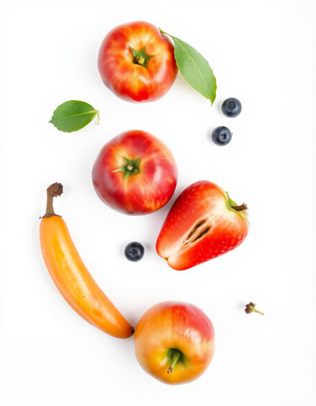 Fruit composition with apple, banana and blueberry on white backgroundの写真素材