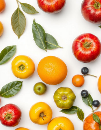 Fruits and vegetables on white background. Flat lay, top viewの写真素材