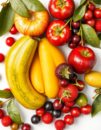 Fruits and berries on white background, top view. Healthy foodの写真素材