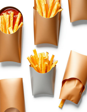 French fries in paper bag isolated on white background. Top view.