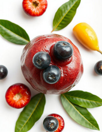 Fresh fruits on white background. Healthy food concept. Top view.の写真素材