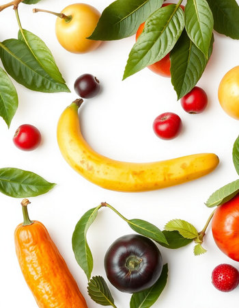 Fruits and vegetables with smiley face on white background, flat lay