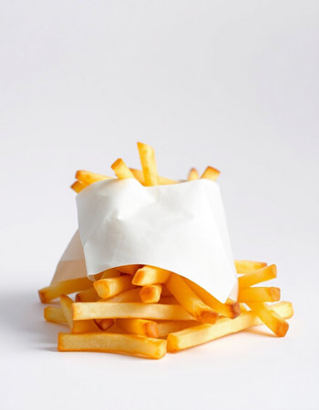 French fries in paper bag on white background. Selective focus.の写真素材