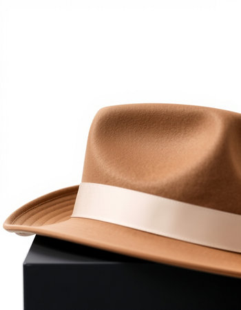 Brown hat on black box isolated on white background with clipping path.の写真素材