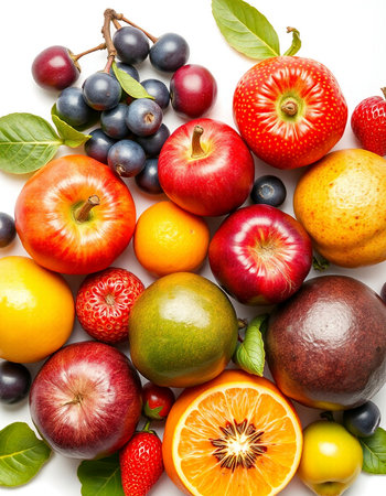 Fruits on a white background. Top view. Flat lay.