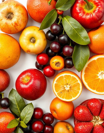 Fruits and berries isolated on white background. Top view. Flat lay.
