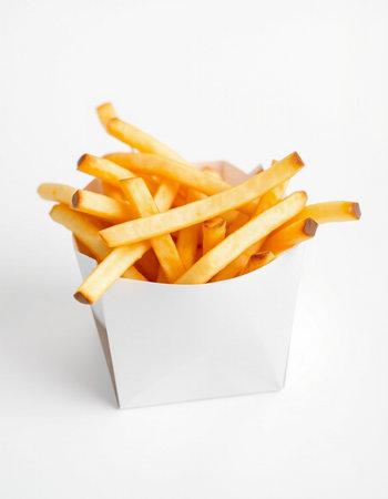 French fries in a paper box on a white background. Selective focus.の写真素材