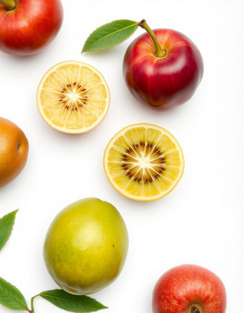 Flat lay composition with fresh fruits on white background. Top viewの写真素材