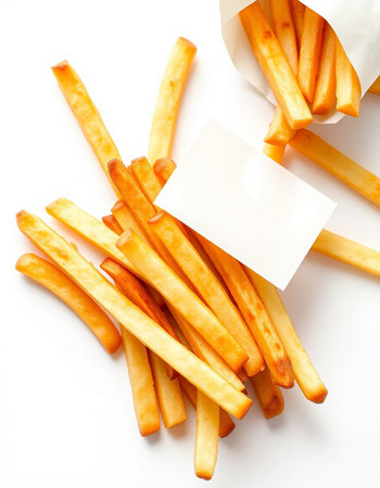French fries with a blank label on a white background, top view