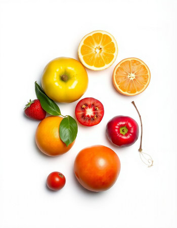 Fruits and vegetables isolated on white background. Healthy eating concept.