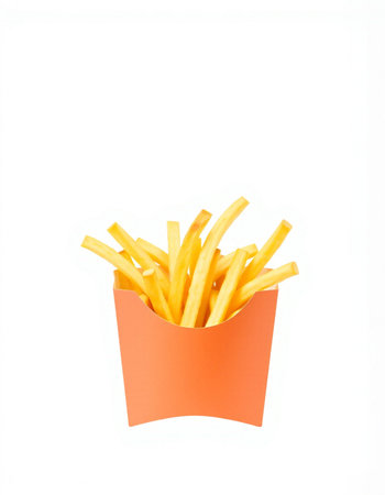 French fries in paper box isolated on white background. Fast food.