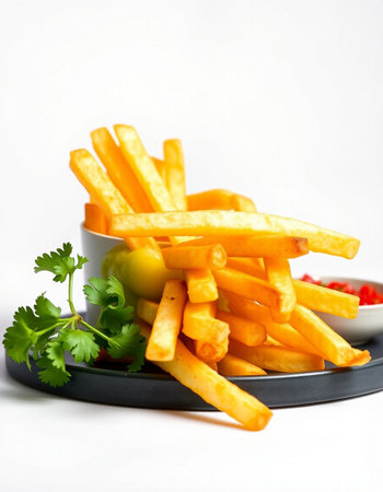 Golden French fries with ketchup and parsley on a white backgroundの写真素材