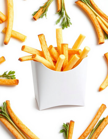 French fries in a paper box isolated on white background. Top view.