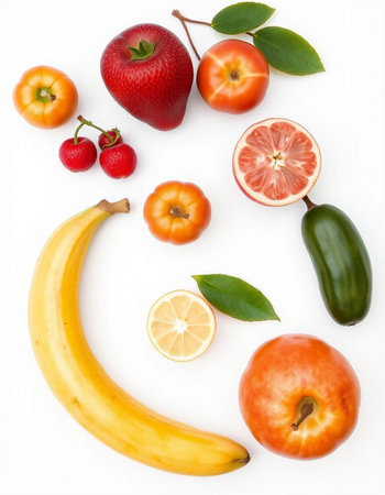 Fruits and vegetables isolated on white background. Healthy eating concept.