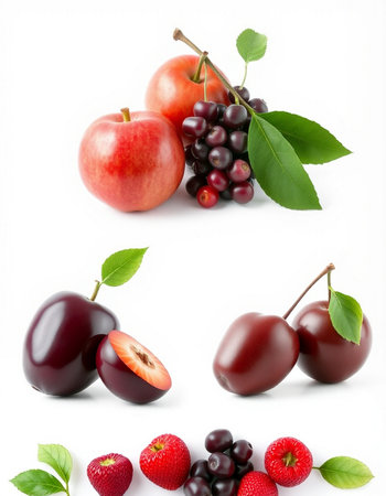 Set of fresh fruits isolated on white background. Cherry, apple, plum, strawberry, blackberry, cherry.の写真素材
