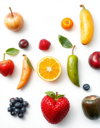 Fresh fruits and vegetables isolated on white background. Healthy food concept.