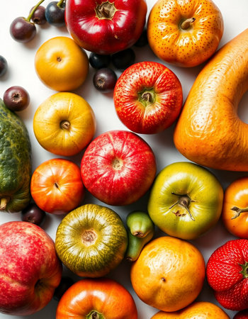 Fruits and vegetables on a white background. Flat lay, top viewの写真素材