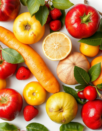 Fruits and vegetables on a white background. Healthy food concept.