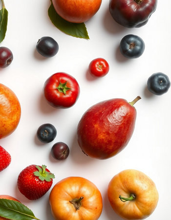 Fruits and berries on a white background. Flat lay, top viewの写真素材