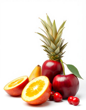 Fruits isolated on white background. Pineapple, orange, cherriesの写真素材