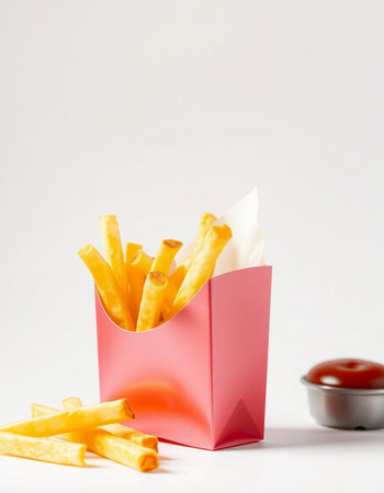 French fries in paper box with ketchup on white background. Selective focus.