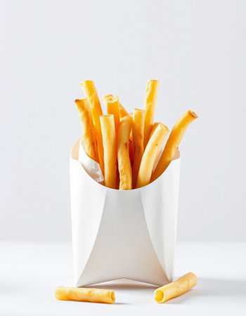 French fries in a white box on a white background, close-up